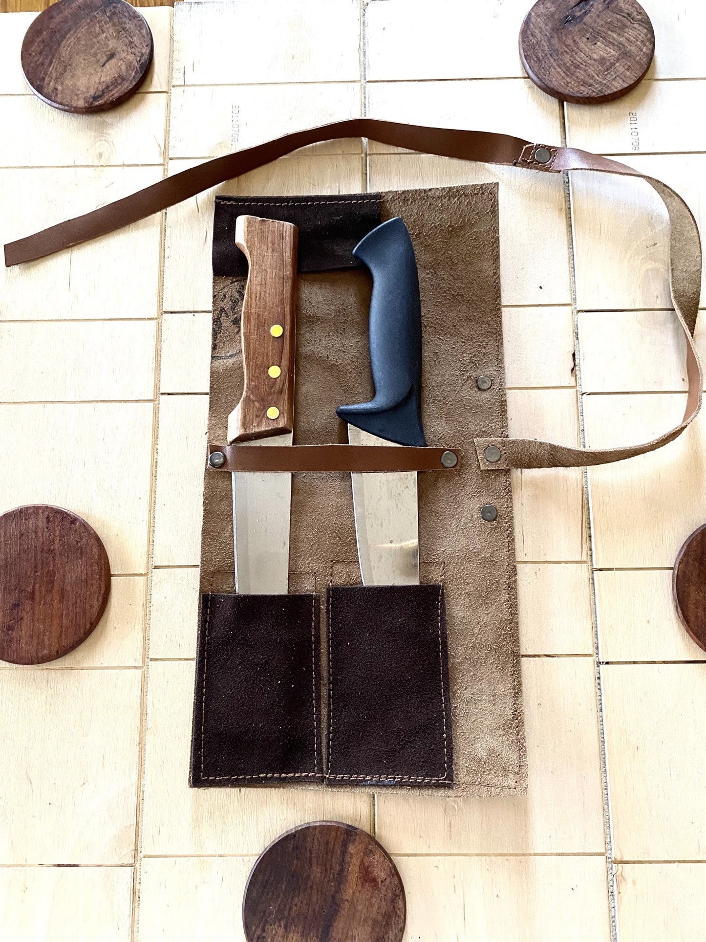 2 Slots Knife Roll, Chef bag, Cow Genuine Leather Knives Roll, Tools Chefs Gift Kitchen Supply brown colour Size 34cmX17cm