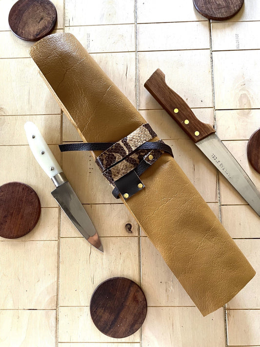 11 Slots Knife Roll, Chef bag, Cow Genuine Leather Knives Roll, Tools Chefs Gift Kitchen Supply, Snake Baige Brown colour Size 41cmX50cm