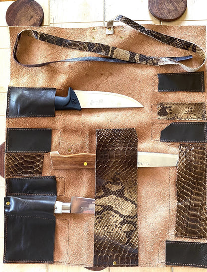 11 Slots Knife Roll, Chef bag, Cow Genuine Leather Knives Roll, Tools Chefs Gift Kitchen Supply, Snake Baige Brown colour Size 41cmX50cm