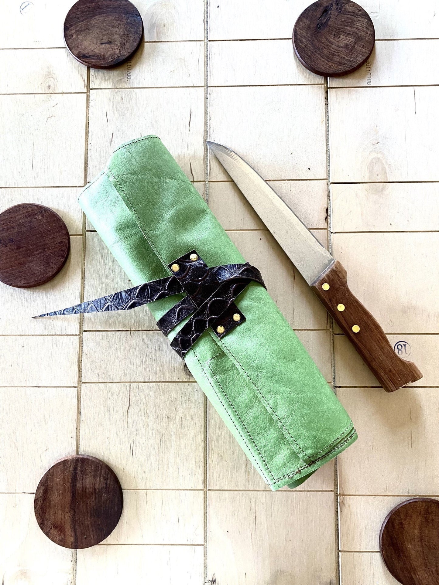 6 Slots Knife Roll, Chef bag, Cow Genuine Leather Knives Roll, Tools Chefs Gift Kitchen Supply green brown colour Size 53cmX31cm