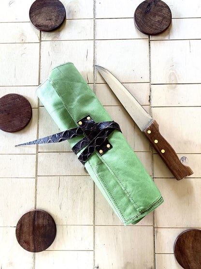 6 Slots Knife Roll, Chef bag, Cow Genuine Leather Knives Roll, Tools Chefs Gift Kitchen Supply green brown colour Size 53cmX31cm