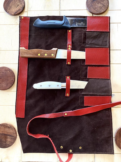 6 Slots Knife Roll, Chef bag, Cow Genuine Leather Knives Roll, Tools HolderBag ,Chefs Gift Kitchen Supply Red Brown Colour Size 32cmX48cm