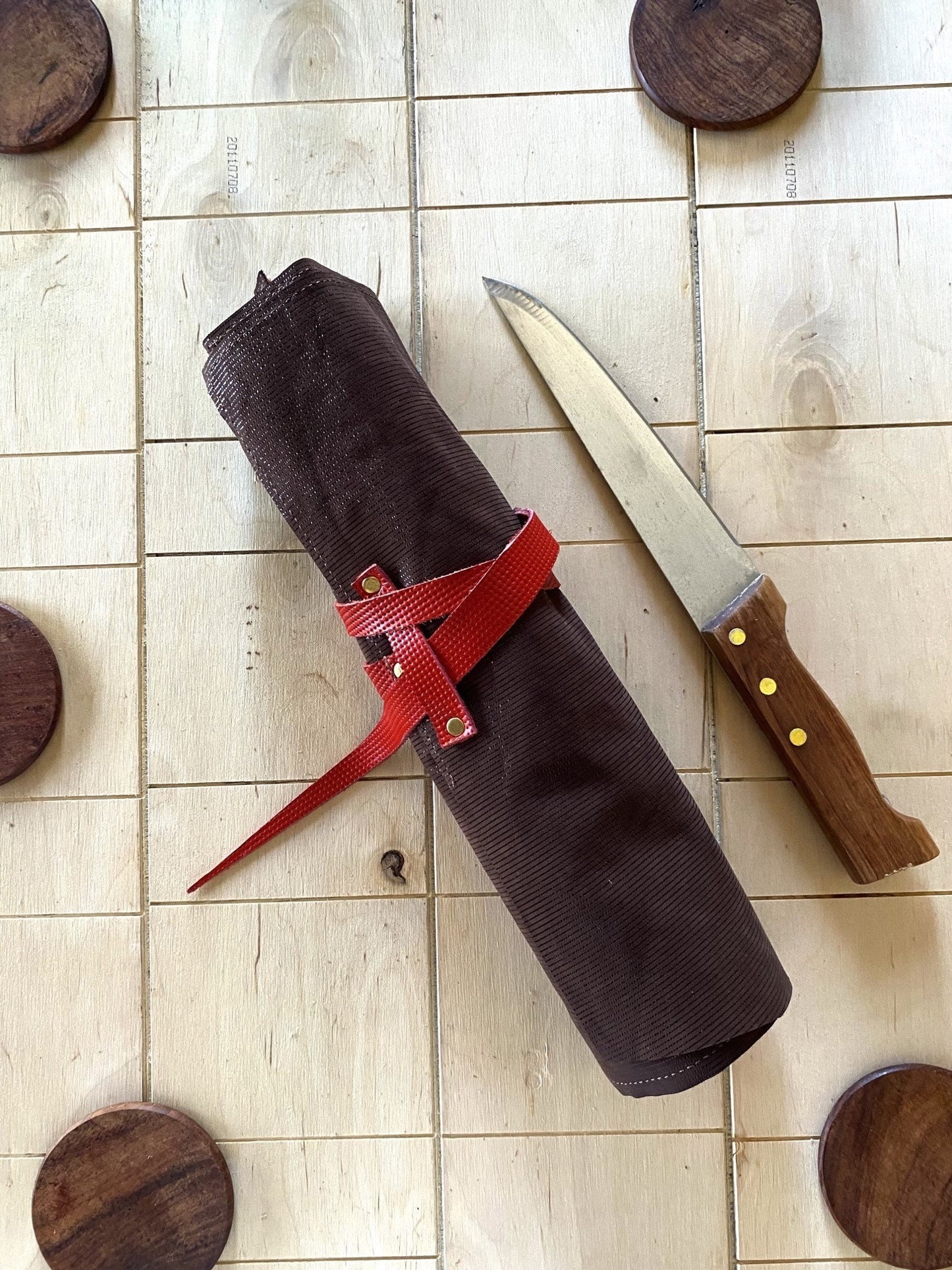 6 Slots Knife Roll, Chef bag, Cow Genuine Leather Knives Roll, Tools HolderBag ,Chefs Gift Kitchen Supply Red Brown Colour Size 32cmX48cm