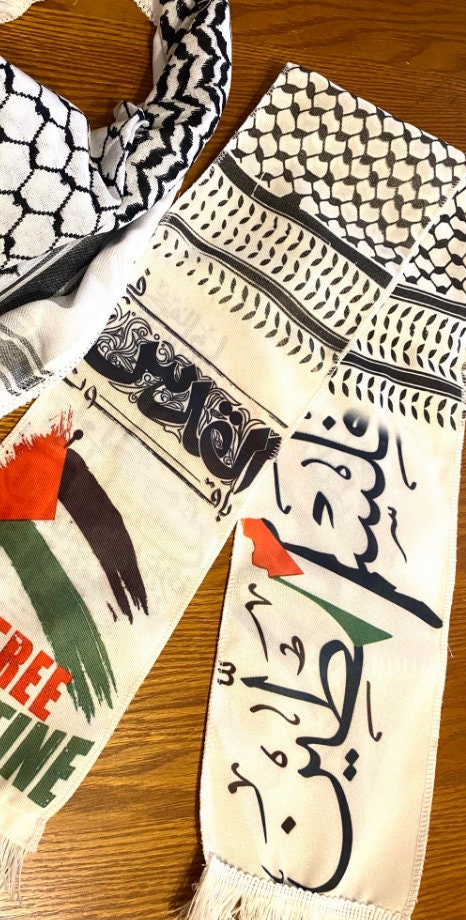 Keffiyeh Palestine Scarfs , Palestinian Cities Unique Arabic Writing Designs, Kuffyieh Hatta Vintage Dress, Kofya Shawl Bandana, 2 Scarfs