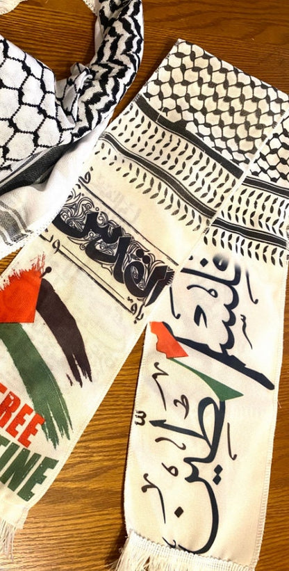 Keffiyeh Palestine Scarfs , Palestinian Cities Unique Arabic Writing Designs, Kuffyieh Hatta Vintage Dress, Kofya Shawl Bandana, 2 Scarfs