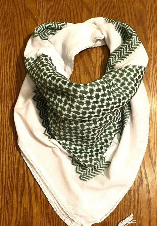 Palestine Original Keffyieh, Unique Irish Arab Scarf Shemagh, face Cover Headwear Windproof  Mask Vintage dress Hatta GREEN WHITE No Tassels