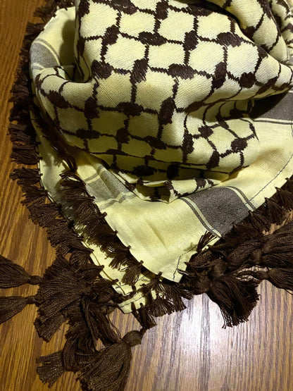 Yellow Palestine Scarf, Unique Arab Scarf Desert Bandana face Cover, HeadwearMask, Vintage dress Hatta Shemagh Kuffyieh Mixed Colours Brown