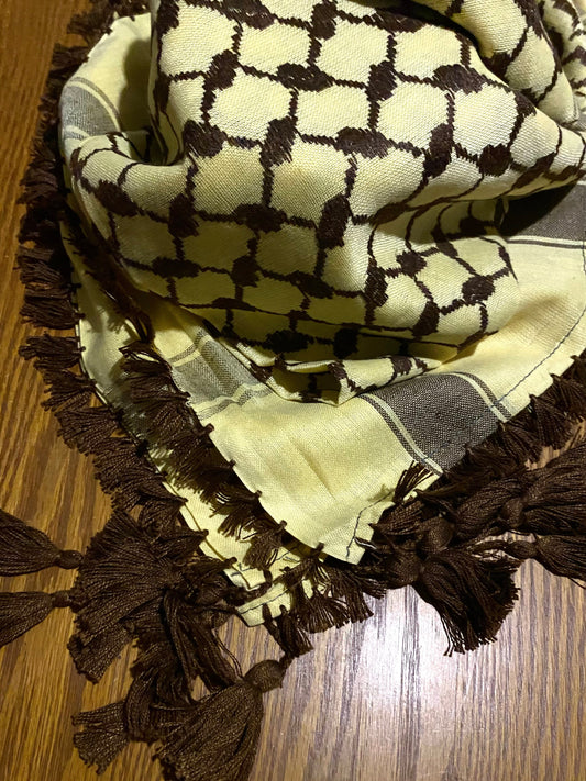 Yellow Palestine Scarf, Unique Arab Scarf Desert Bandana face Cover, HeadwearMask, Vintage dress Hatta Shemagh Kuffyieh Mixed Colours Brown