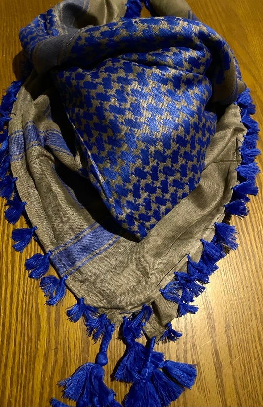 Royal Blue Desert Scarf, Arab Sahara Bandana, Unique Palestine keffiyeh Vintage dress, Hatta Kuffyieh Headwear Shemagh Mixed Baige Colors