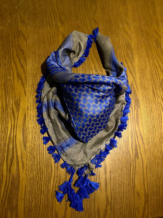 Royal Blue Desert Scarf, Arab Sahara Bandana, Unique Palestine keffiyeh Vintage dress, Hatta Kuffyieh Headwear Shemagh Mixed Baige Colors