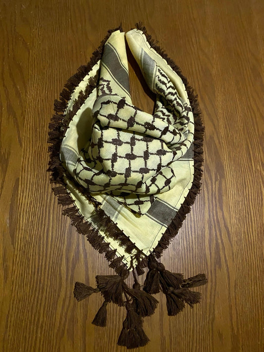 Yellow Palestine Scarf, Unique Arab Scarf Desert Bandana face Cover, HeadwearMask, Vintage dress Hatta Shemagh Kuffyieh Mixed Colours Brown
