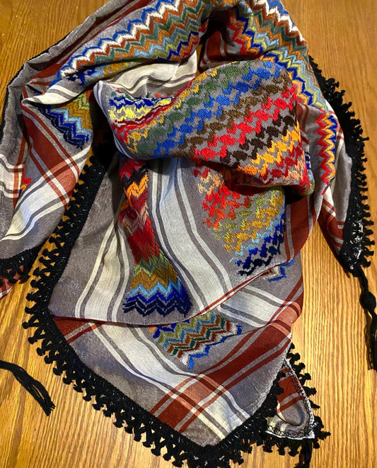 Grey Rainbow Sahara Unique Scarf, Palestine Desert Bandana, Arab OldStyle headwear Vintage dress, Shawl Hatta Shemagh Keffiyeh