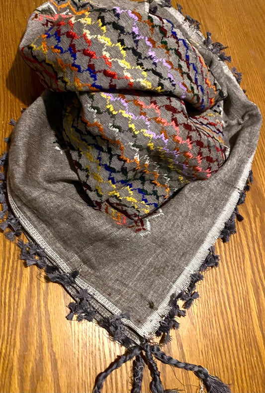 Grey Rainbow Unique Palestine Scarf, Sahara Bandana Kofya, Arab Desert Keffiyeh OldStyle Vintage dress Hatta Shemagh Headwear Mixed Colours