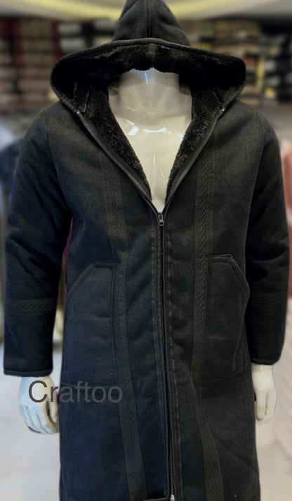 Hoodie Farwa Winter Coat Unique Fur, Morocco Arab Style, Warm Heavy, Bisht Unisex Clothing Vintage Traditional Western Black مغربي الجازي