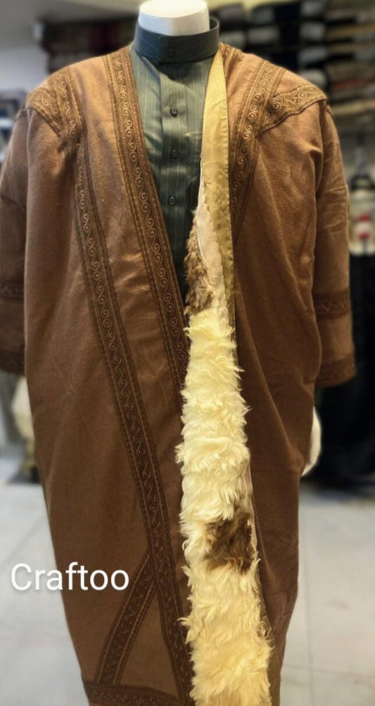 Genuine Leather Farwa Winter Bisht Coat, Unique Natural Fur Real Leather, Bedouin Arab Style, Vintage Authentic Clothing, handmade, heavy