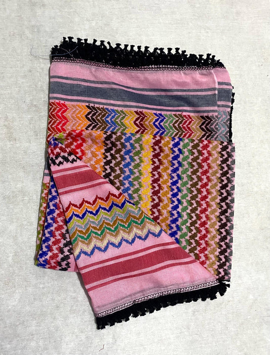 Pink Rainbow Keffiyeh Palestine Scarf, Unique Arab Desert Bandana face Cover, Headwear Head wrap Mask, Vintage dress Hatta, Black Tassels