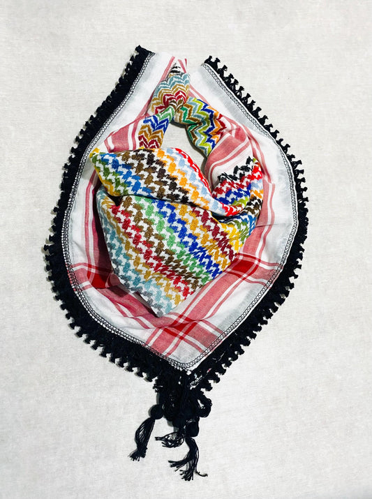 Rainbow Keffiyeh Palestine White Scarf, Unique Arab Desert Bandana face Cover, Headwear Head wrap Mask, Vintage dress Hatta, Black Tassels