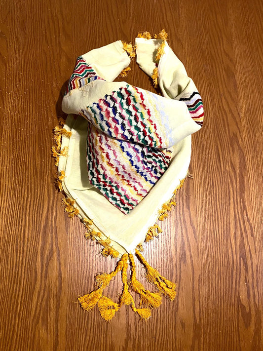 Yellow Rainbow Beige Unique Arab Sahara Scarf Keffyieh, Shawl fabric MultiUse faceCover, Headwear Windproof, Vintage dress Hatta tassels