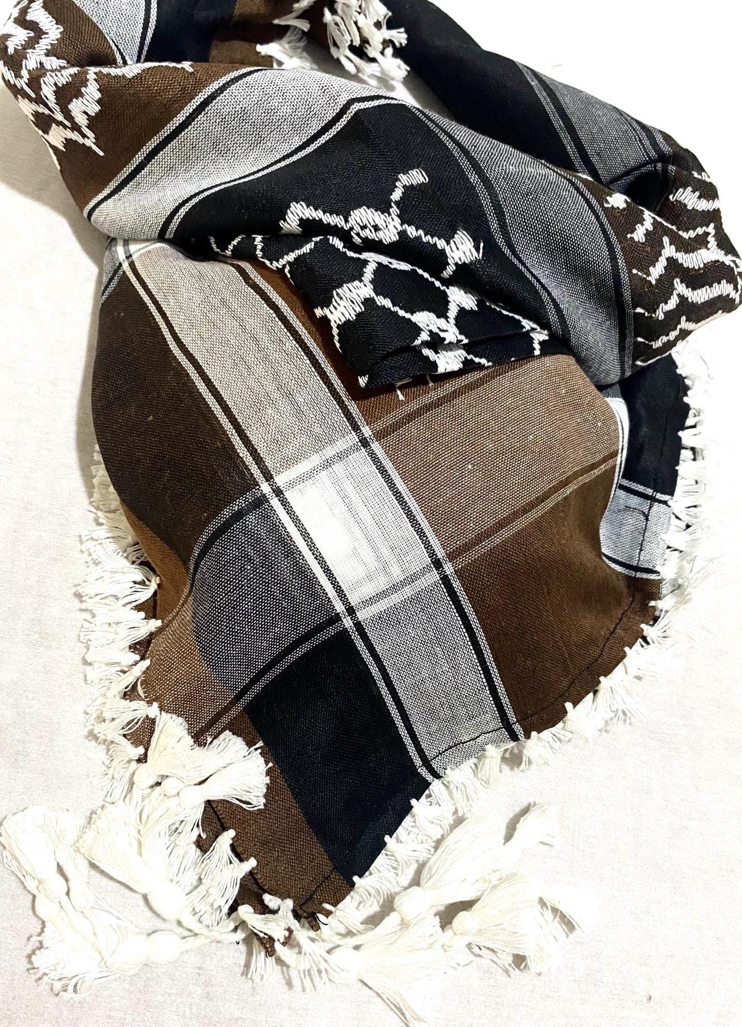 Unique Scarf, Arabian Sahara Bandana Kofya, India Style,Shwal Keffiyeh OldStyle Vintage dress, Hatta Headwear Mixed Brown Colours
