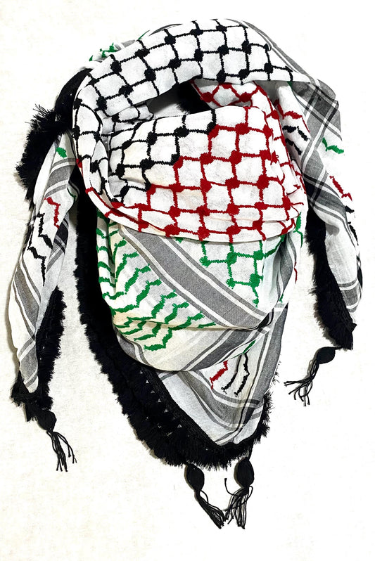 Palestine Flag Scarf, Shemagh Keffyeih Fabric Arab Bandana Kofya Hatta, Kuffyieh Woven Stitched NOT Printed, Mixed Colours, Black Tassels