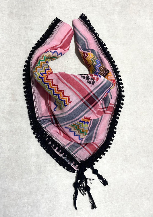 Pink Rainbow Keffiyeh Palestine Scarf, Unique Arab Desert Bandana face Cover, Headwear Head wrap Mask, Vintage dress Hatta, Black Tassels