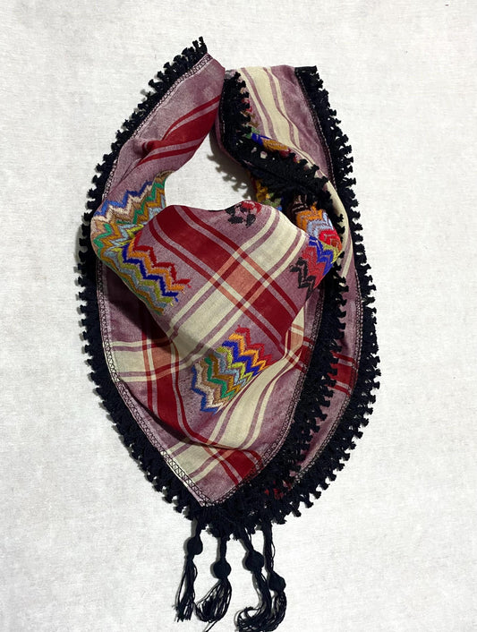 Burgundy Rainbow Keffiyeh Palestine Scarf, Unique Arab Desert Bandana face Cover, Headwear Head wrap Mask, Vintage dress Hatta, Black Tassel