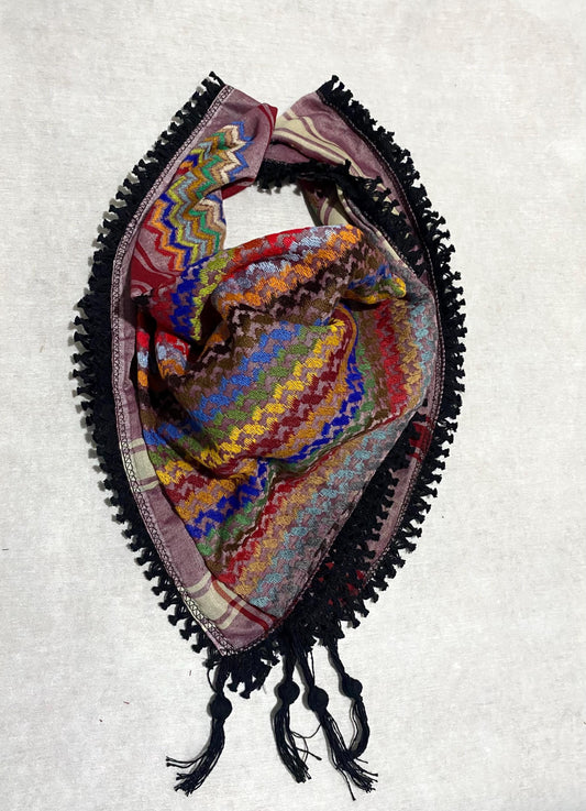 Burgundy Rainbow Keffiyeh Palestine Scarf, Unique Arab Desert Bandana face Cover, Headwear Head wrap Mask, Vintage dress Hatta, Black Tassel