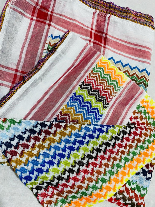 Keffiyeh Palestine Rainbow White Scarf, Unique Arab Desert Bandana face Cover, Headwear Head wrap Mask, Vintage dress Hatta, Black Tassels