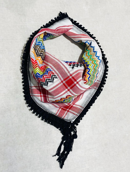 Rainbow Keffiyeh Palestine White Scarf, Unique Arab Desert Bandana face Cover, Headwear Head wrap Mask, Vintage dress Hatta, Black Tassels
