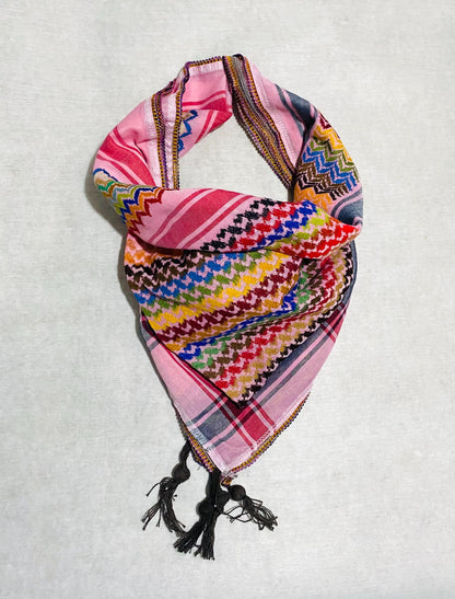 Pink Rainbow Keffiyeh Palestine Scarf, Unique Arab Desert Bandana face Cover, Headwear Head wrap Mask, Vintage dress Hatta, Mixed Cocktail
