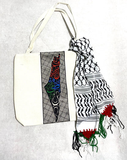 Palestine Map Canvas Tote Bag With Keffiyeh Scarf, Shoulder Bag, Vintage Unique Handmade Heavy Work multi-function Zipper Bag, 2 pieces