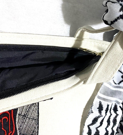 Palestine Map Canvas Tote Bag With Keffiyeh Scarf, Shoulder Bag, Vintage Unique Handmade Heavy Work multi-function Zipper Bag, 2 pieces