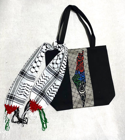 Palestine Map Canvas Tote Bag, Keffiyeh Scarf, Shoulder Bag, Vintage Unique Handmade Heavy Work multi-function Zipper Bag