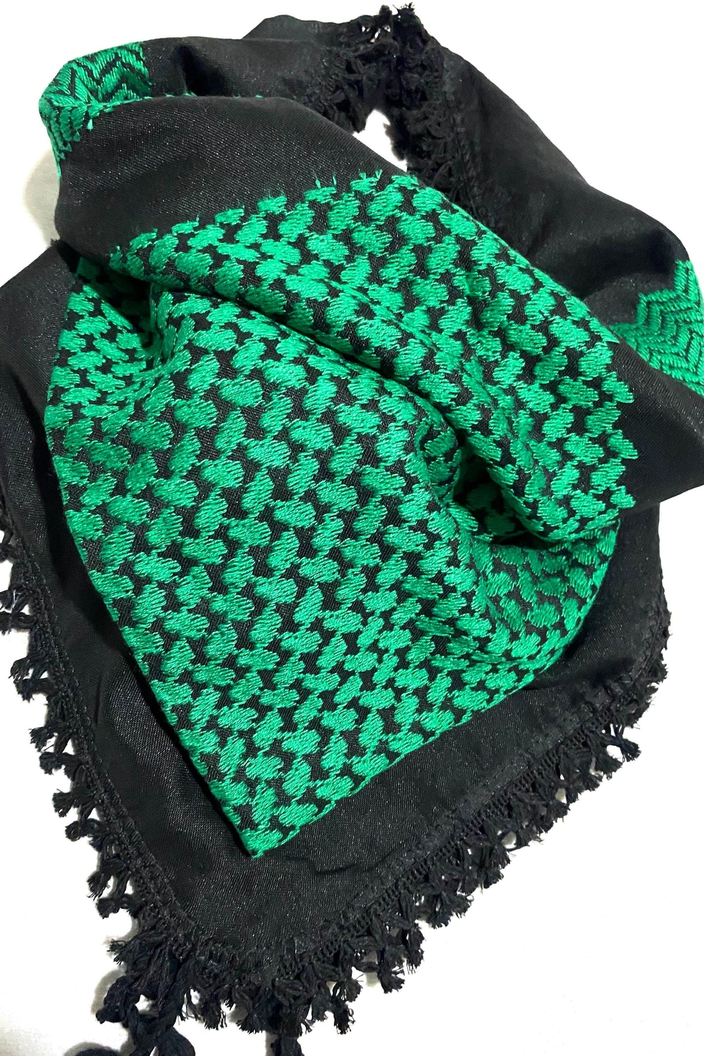 Unique Green Scarf, Arabian Sahara Bandana Kofya, India Style,Shwal Keffiyeh OldStyle Vintage dress, Hatta Shemagh Headwear mixed Black