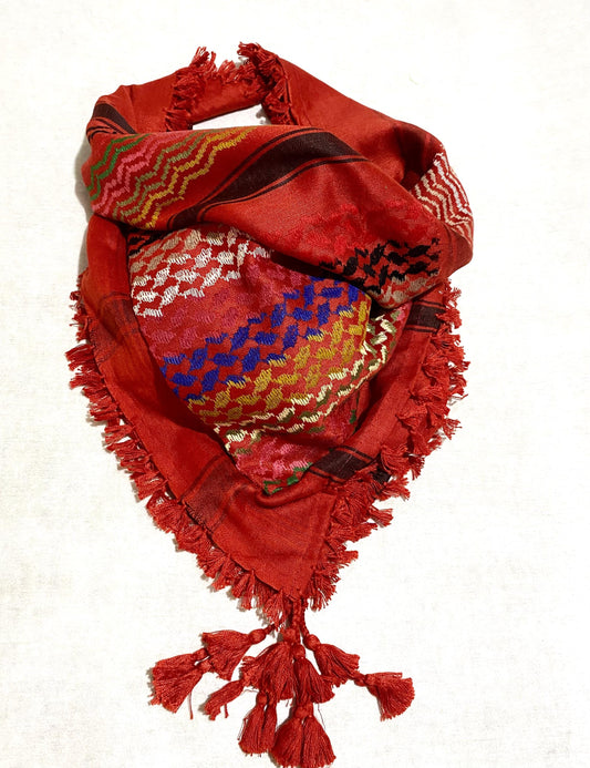 Red Rainbow Unique Palestine Scarf, Sahara Bandana Kofya, Arab Desert Keffiyeh OldStyle Vintage dress Hatta Headwear Mixed Cocktails Colours