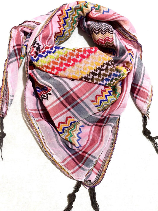 Pink Rainbow Keffiyeh Palestine Scarf, Unique Arab Desert Bandana face Cover, Headwear Head wrap Mask, Vintage dress Hatta, Mixed Cocktail