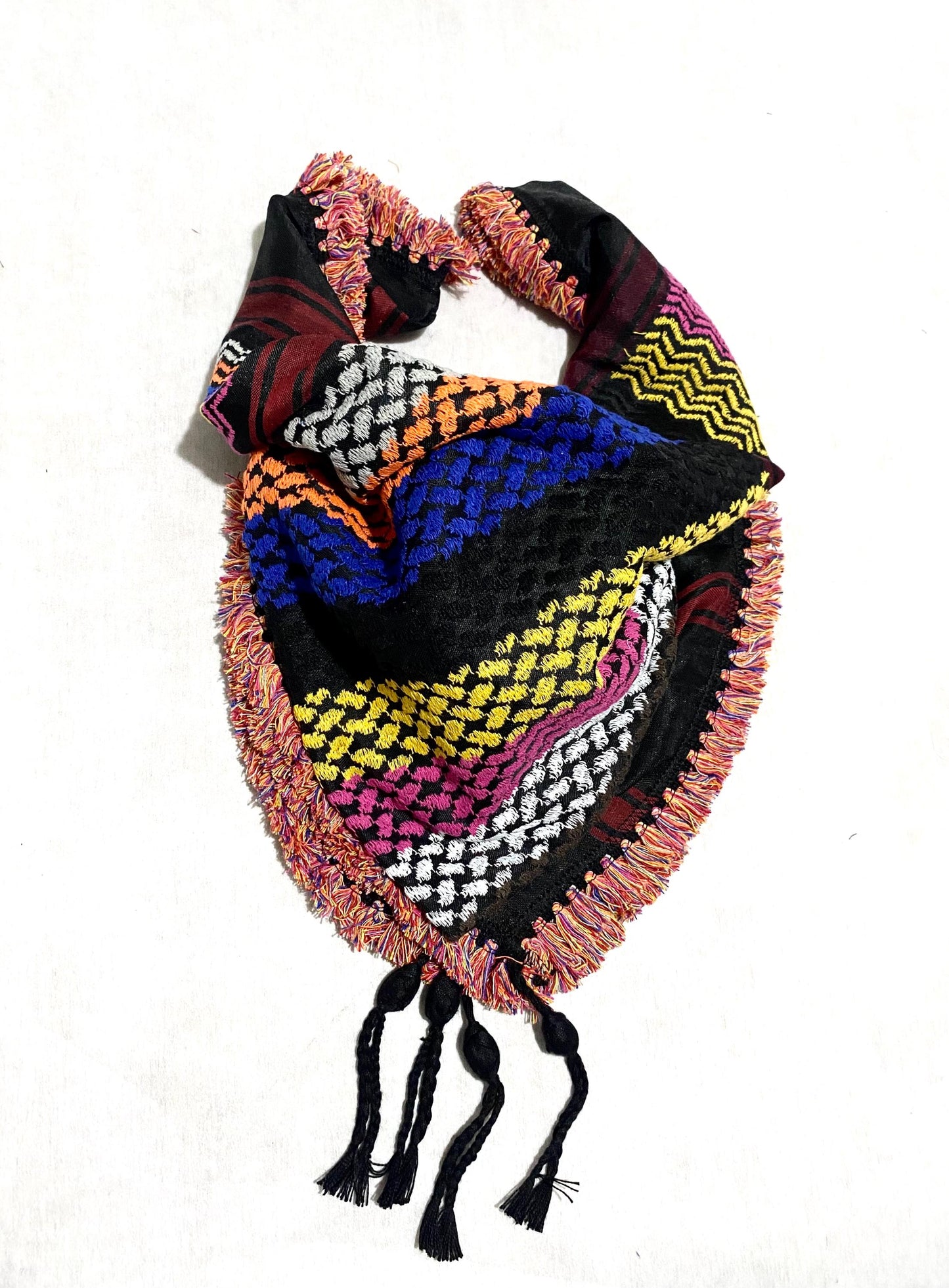 Scarf Rainbow Keffyeih Palestinian Tradition Headwear, Unique Vintage dress Hatta shemagh kofya Kuffyieh Unisex With tassels, Woven Stitch