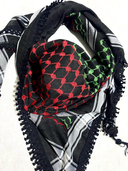 Palestine Flag Scarf, 4 mixed colors, Keffyeih Hi-Quality, Arab Hatta Scarf, Bandana Kofya Kuffyieh, BlackTassels Woven Stitched NOT Printed