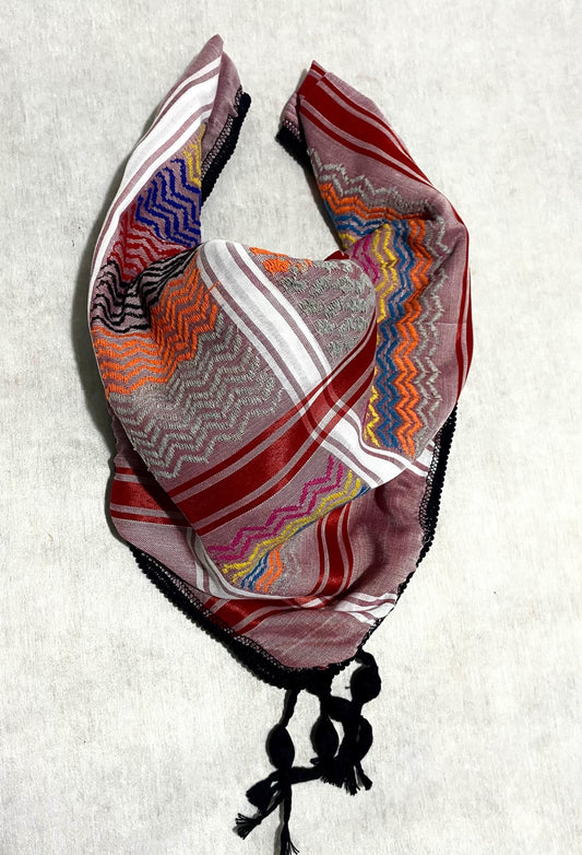Burgundy Rainbow Keffiyeh Scarf, Unique Arab Palestine Desert Bandana face Cover, Windproof Mask, Vintage dress Hatta Shemagh Keffyieh Mixed