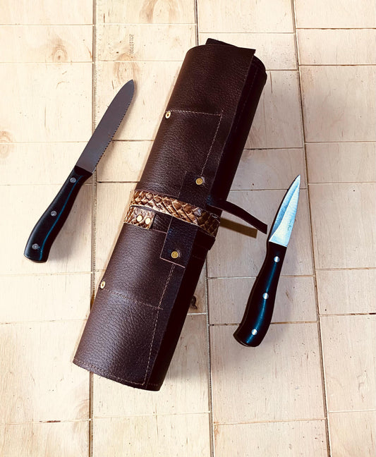 10 Slots Knife Roll, Chef bag, Cow Genuine Leather Knives Roll, Snake Leather, Tools Chefs Gift Kitchen Supply brown colour Size 35cmX56cm