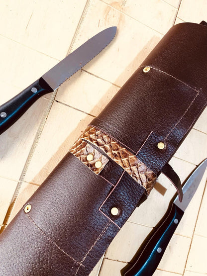 10 Slots Knife Roll, Chef bag, Cow Genuine Leather Knives Roll, Snake Leather, Tools Chefs Gift Kitchen Supply brown colour Size 35cmX56cm