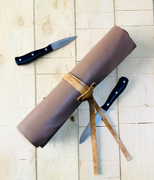 12 Slots, knife roll, synthetic leather , Belt Genuine Leather, 100% Hand made , brown Beige colour tan belt colour 53cmX39cm