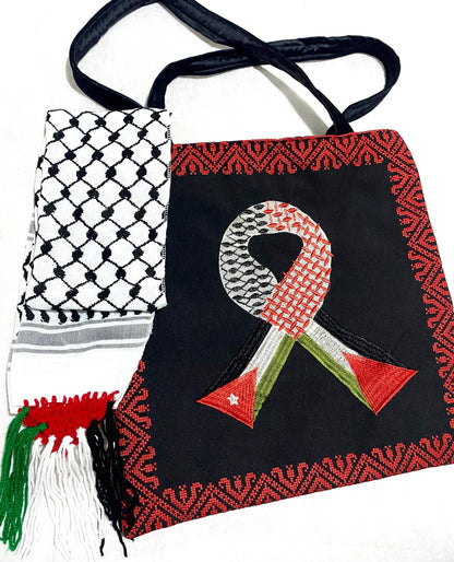 Palestine Jordan Flag Tote Bag, Keffiyeh Scarf, Embroidery Tatreez Shoulder Bag, Vintage Unique Handmade Heavy Work multi-function Zipper