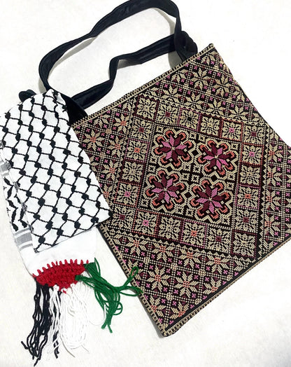 Embroidery Palestine Tote Gold Purple Bag, Keffiyeh Scarf, Tatreez Shoulder Bag, Vintage Unique Handmade Heavy Work multi-function Zipper