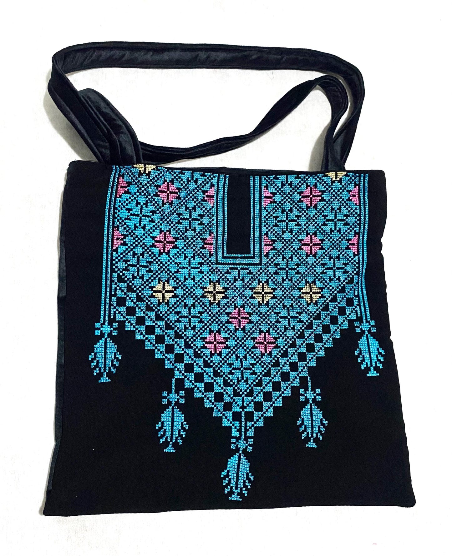 Blue Embroidery Palestine Tote Bag, Keffiyeh Scarf, Tatreez Shoulder Bag, Vintage Unique Handmade Heavy Work multi-function Zipper