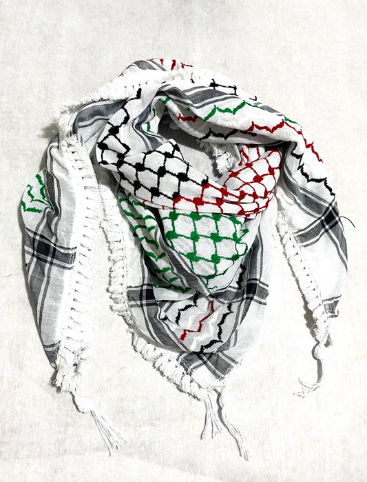 Palestine Flag Scarf, 4 mixed colors, Keffyeih Hi-Quality, Arab Hatta Scarf, Bandana Kofya Kuffyieh, White Tassels Woven Stitched NOT Printe
