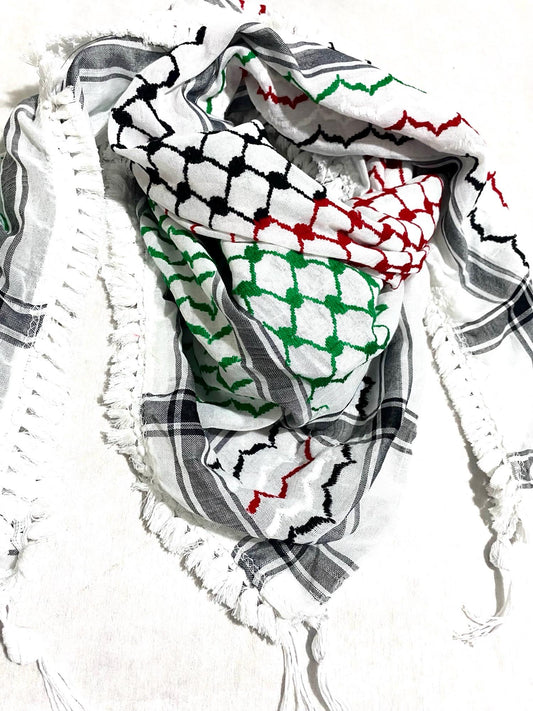 Palestine Flag Scarf, 4 mixed colors, Keffyeih Hi-Quality, Arab Hatta Scarf, Bandana Kofya Kuffyieh, White Tassels Woven Stitched NOT Printe