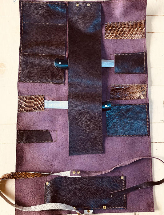 10 Slots Knife Roll, Chef bag, Cow Genuine Leather Knives Roll, Snake Leather, Tools Chefs Gift Kitchen Supply brown colour Size 35cmX56cm