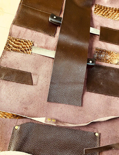 10 Slots Knife Roll, Chef bag, Cow Genuine Leather Knives Roll, Snake Leather, Tools Chefs Gift Kitchen Supply brown colour Size 35cmX56cm