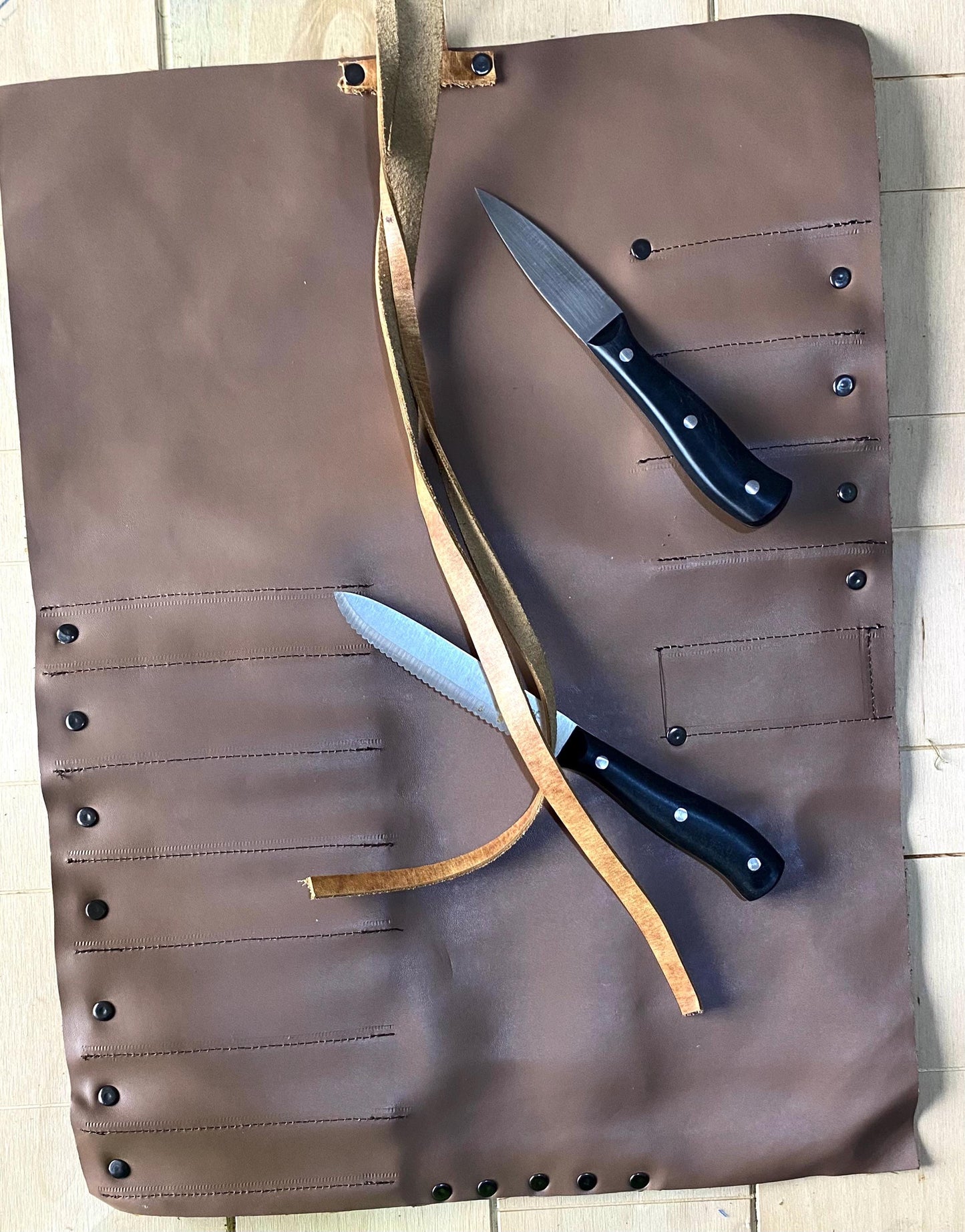 12 Slots, knife roll, synthetic leather , Belt Genuine Leather, 100% Hand made , brown Beige colour tan belt colour 53cmX39cm